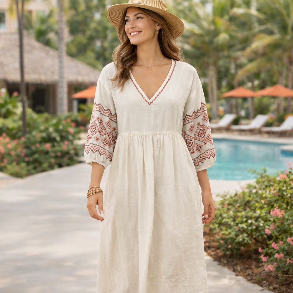 Madewell Ivory Embroidered Linen Blend Midi Dress 3/4 Sleeves Size Small NWOT